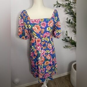 Blue Floral, square neckline dress